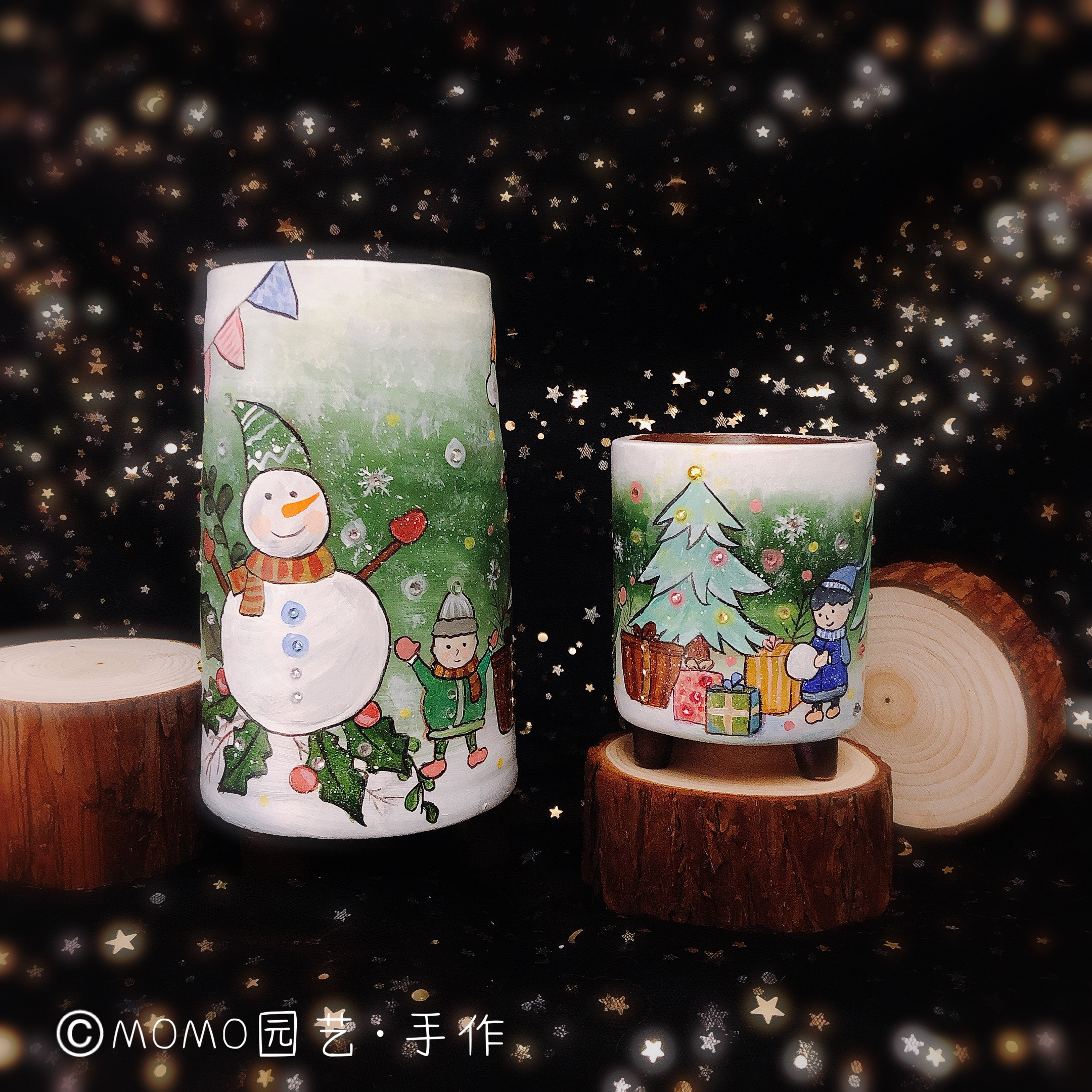 MOMO园艺手作包邮饼干人圣诞节老人树雪人手捏手绘花盆多肉星星