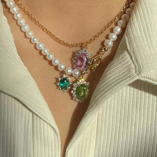 Sunball 《花的对白》复古水晶珍珠混搭项链气质亚金吊坠毛衣链