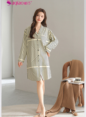 雅巧54817秋季女士翻领开衫条纹莫代尔+棉睡裙