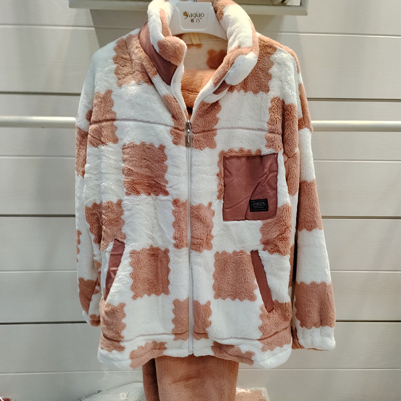 佳洁儿112101秋冬季女士立领拉链双面法兰绒家居服套装