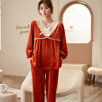 雅巧64192秋冬季女士花边V领套头纯色恒温海岛绒家居服套装