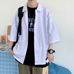 夏季薄款短袖衬衫男女港风冰丝清爽宽松休闲简约衬衣男CS15/,清爽潮流穿搭图片