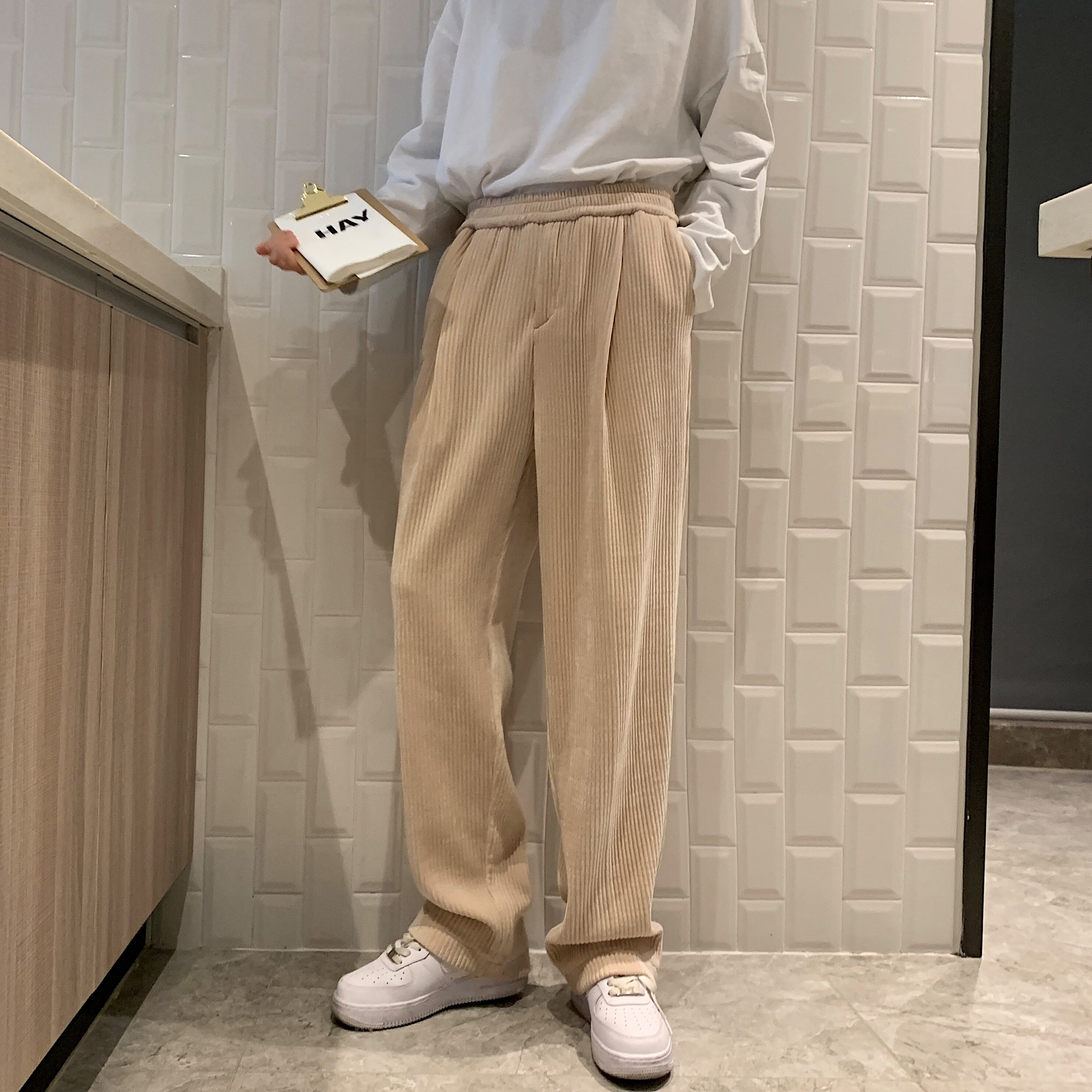 港风灯芯绒裤子男直筒宽松潮流百搭 秋季阔腿休闲裤男女/图片