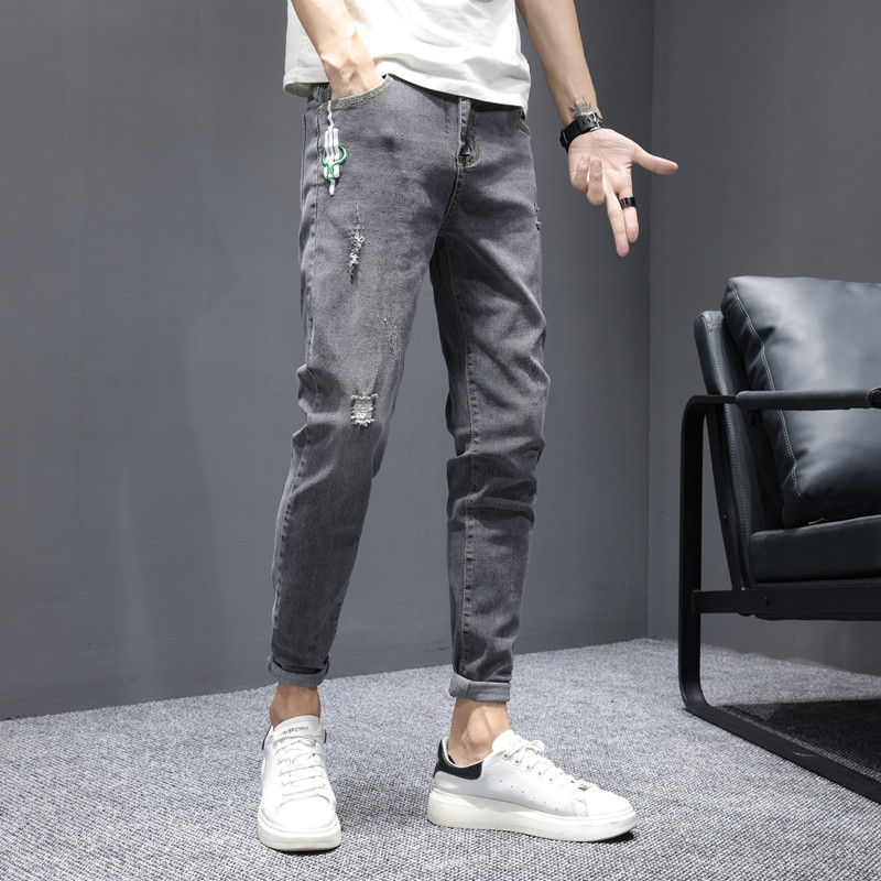 社会精神小伙潮流灰色潮牌修身小脚韩版九分裤子男N图片