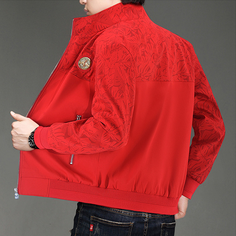 秋冬款男士大红色夹克修身立领彩色花纹休闲商务外套时尚帅气上衣