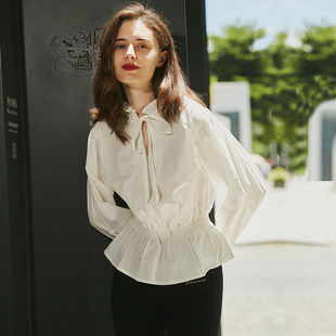 法式衬衣女荷叶领早春纯棉时尚宫廷风复古修身长袖上衣白色衬衫女