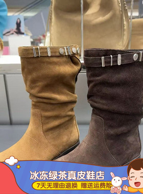 2025年秋季新款原野牧歌复古西部牛仔靴棕色堆堆靴女靴子EIL03DS5