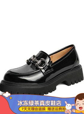 2024春新款百搭复古乐福鞋粗中跟压花牛漆皮女单鞋 3HHB4AA2