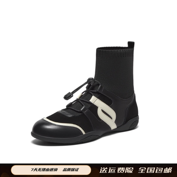 2025年秋冬新款黑白撞色舒适高帮运动休闲短靴圆头袜靴女靴YEC26