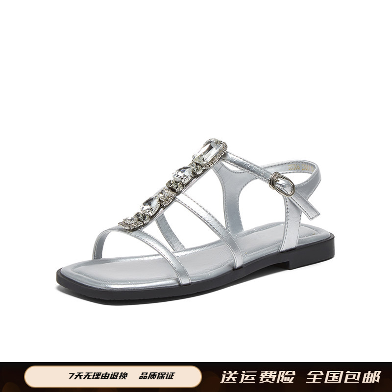 2025年夏季新款时尚复古绑带银色罗马女凉鞋平底女凉鞋子B5306BL5