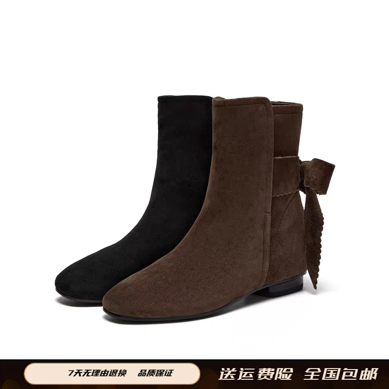 2025冬季新款柔软羊皮复古甜美蝴蝶结时装靴短靴子女同款1A01ADZ5