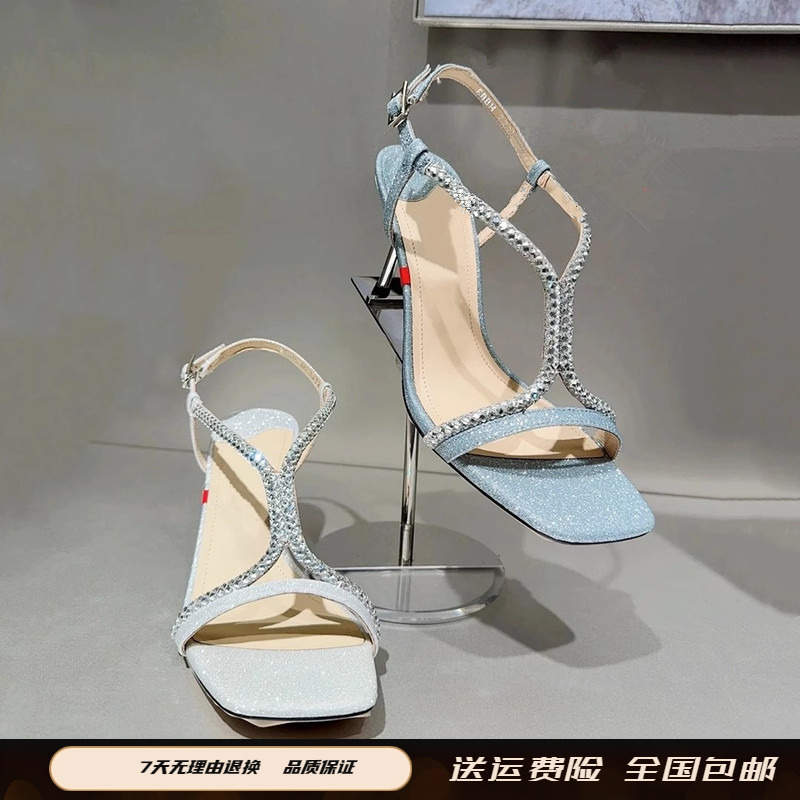商场同款2025夏季新款仙女鞋罗马鞋时尚银色方头高跟凉鞋EBB14BL5