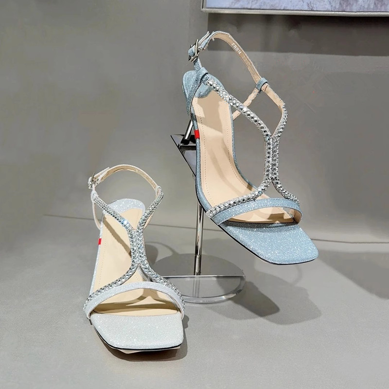 商场同款2025夏季新款仙女鞋罗马鞋时尚银色方头高跟凉鞋EBB14BL5