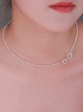 原创设计特细2mm天然白贝项链锁骨链蝴蝶结女礼物叠戴气质时尚