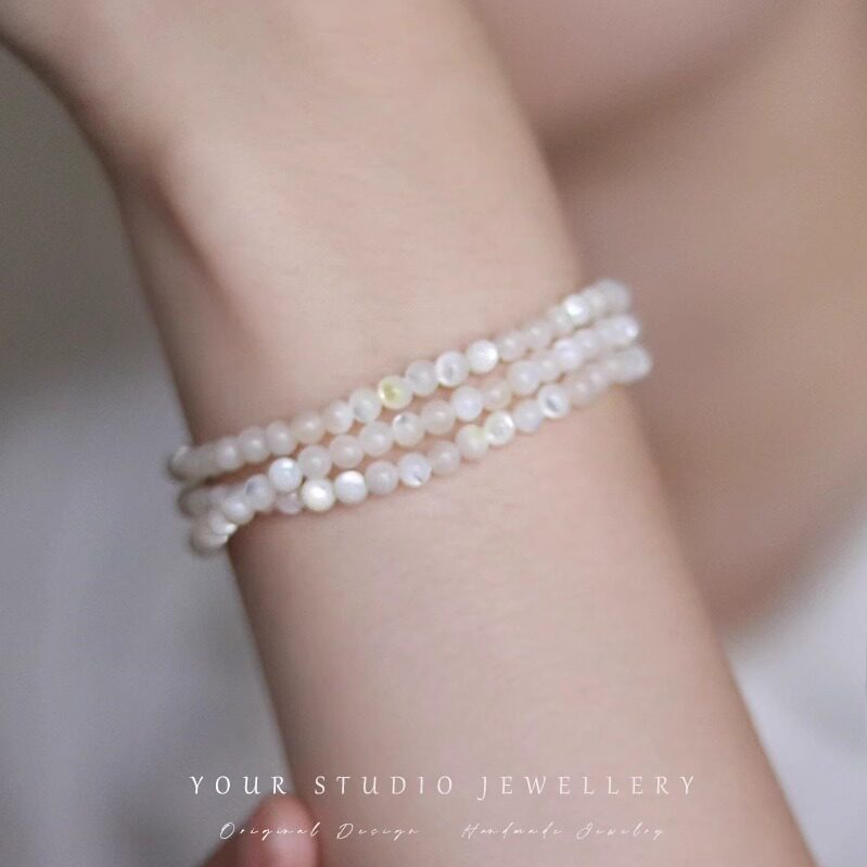 《月白》正品三圈天然白贝手串弹力绳手工打磨手链小清新女气质