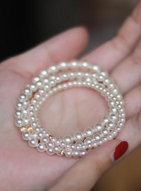 高品质正圆无暇极细人造珍珠手链美国14k包金叠戴简约精致有弹力