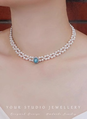 海之泪系列 原创设计双层天然海蓝宝珍珠项链纯银S925匠心