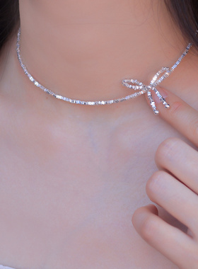 闪亮亮！S925极细碎银子项链蝴蝶结手工自制锁骨链少女正品气质