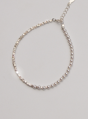 一半碎银一半施家珍珠极细手链纯银S925手串可调节礼物女闪亮小众