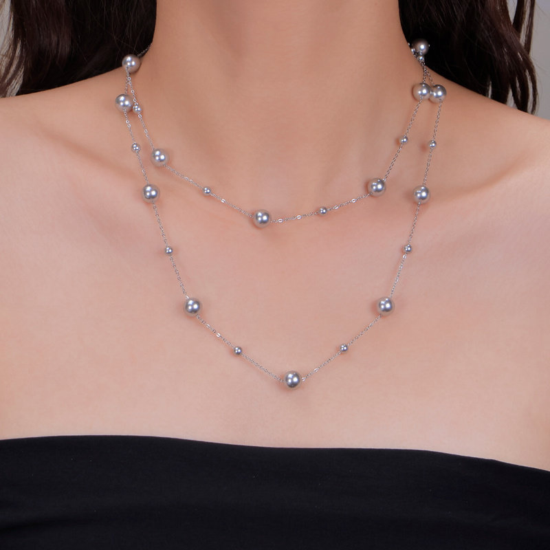 纯手工！极光真多麻银灰色珍珠满天星项链加长款多种戴法毛衣链女