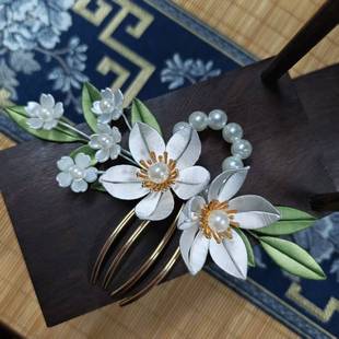 洛城古都 缠花成品白色梨花发梳百搭发饰日常盘发古风发簪汉服配