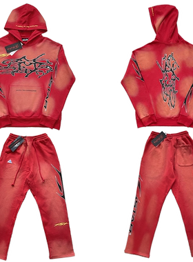 Hellstar Studios Red Hoodie 红色洗水男女休闲连帽卫衣长裤套装