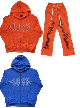 Lost intricacy Hoodies镶钻骷髅头洗水休闲拉链连帽卫衣长裤套装