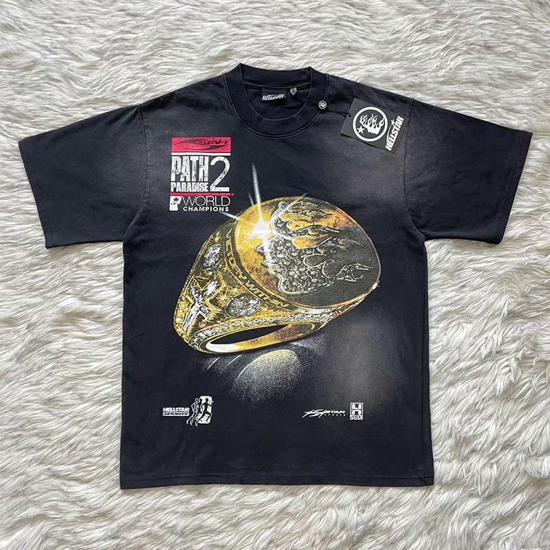 Hellstar Studios Gel Sport Logo tee黑金戒指印花黑色纯棉T恤