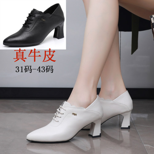 正装工作鞋皮鞋系带黑色百搭高跟鞋真皮春秋款单鞋小码女鞋子32码