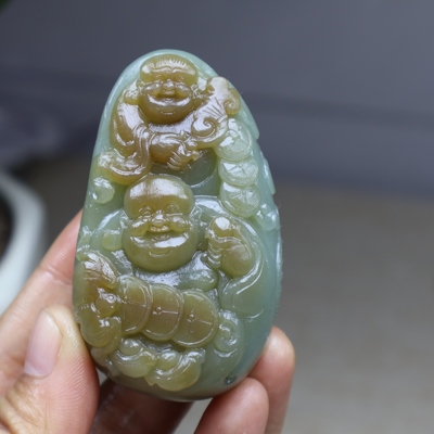 新品毛货包抛光天然和田玉财神手把件手玩件俏色巧雕