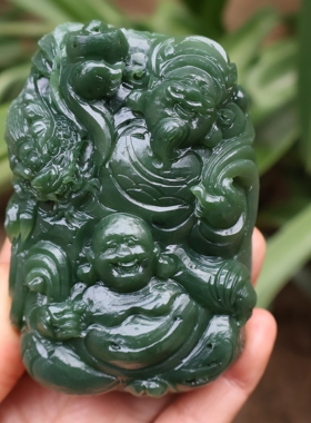 和田玉碧玉弥勒佛逍遥佛手把件财富双全玉把件财神手把件