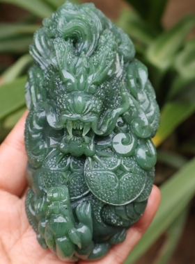 和田玉碧玉生肖龙手把件男款绿色碧玉生意兴隆玉石把玩件附证