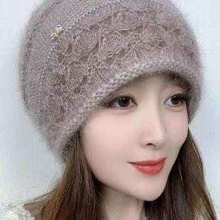 冬季新款双层针织镂空花松鼠绒保暖帽小卷边堆堆护耳包头女士帽子