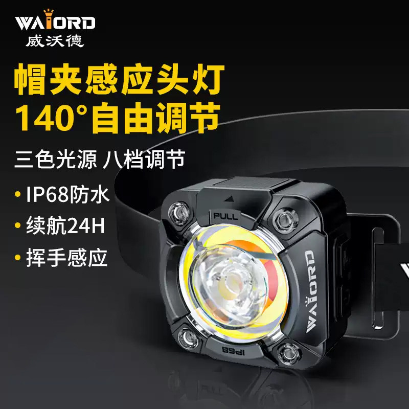 威沃德潜水级感应头灯超亮强光超长续航户外头戴帽夹式夜钓防水灯
