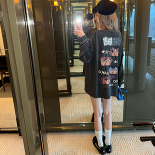 T恤卫衣休闲男女宽松 秋日系复古漫画做旧印花长袖 MIMIHADID