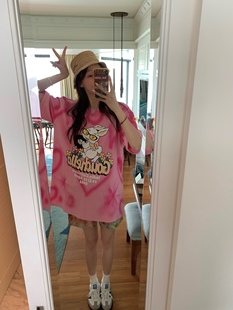 女 MIMIHADID 粉色扎染卡通白兔印花短袖 T恤上衣圆领夏季