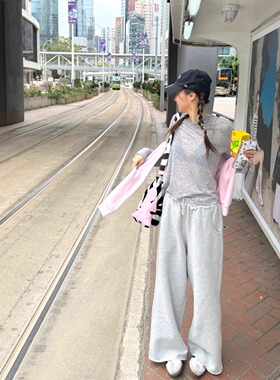 【MIMIHADID】灰色高腰阔腿裤宽松显瘦松紧腰休闲裤