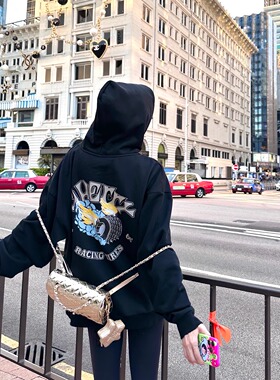 【MIMIHADID】黑色连帽套头卫衣加绒印花卫裤套装街头穿搭