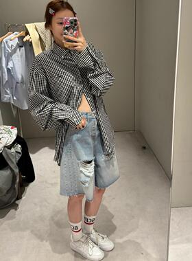 【MIMIHADID】乖巧小格子衬衫廓形叠穿休闲宽松衬衣上衣黑白灰