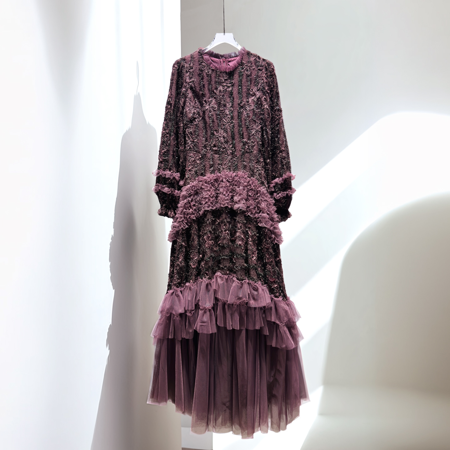 长袖连衣裙小众过生日礼服日常可穿晚礼服法式紫色大摆网纱长裙子