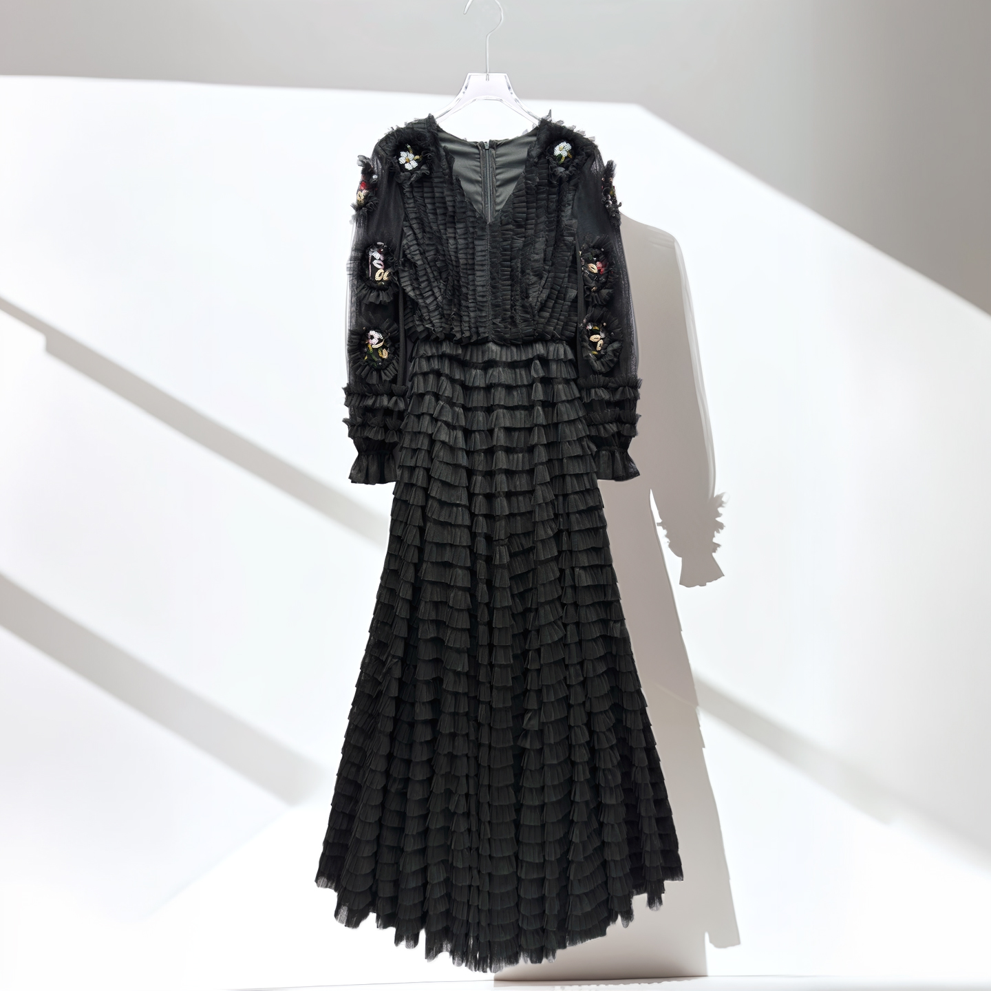 亮片V领长袖连衣裙仙女日常可穿晚礼服木耳边黑色大摆网纱长裙子