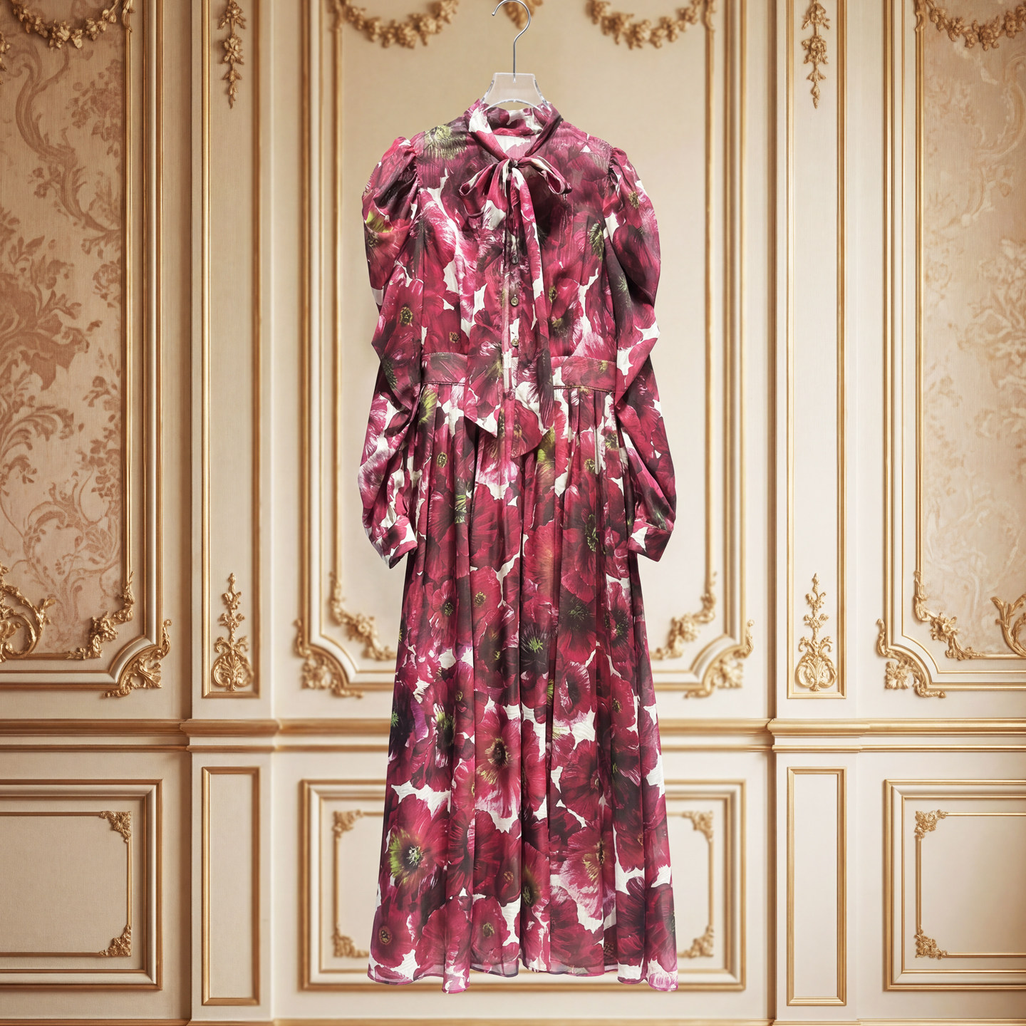 波西米亚蝴蝶结系带约会沙滩长裙花色度假风礼服红色长袖连衣裙