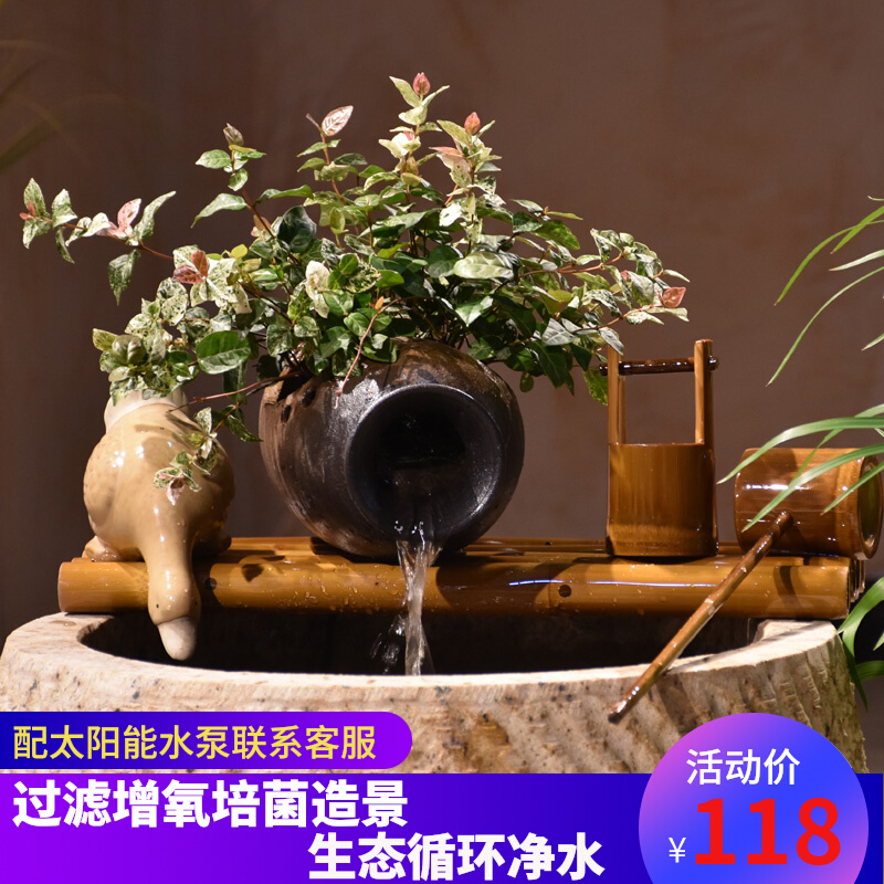 陶瓷鱼缸竹子流水过滤器摆件三合一增氧圆形缸专用过滤水循环系统