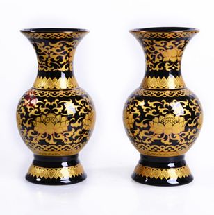 佛堂用品 黑瓷描金莲花瓶 佛具佛家供花瓶 献花贡花瓶