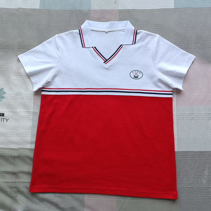 立才学校校服浅白色拼接红色中小学生休闲运动翻领POLO衫夏季班服