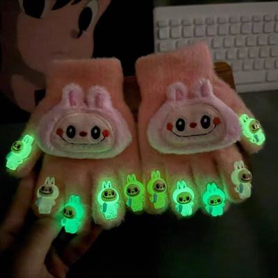 2025新款夜光拉布布儿童秋冬全指手套保暖防寒男女童毛绒卡通手套