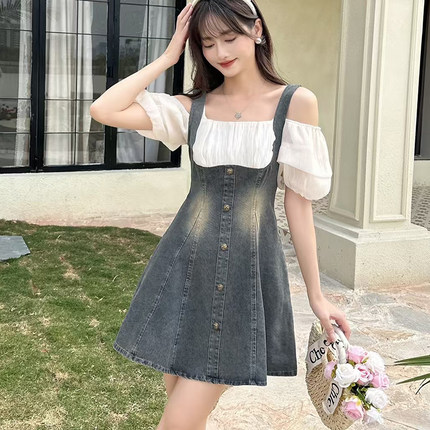 ins小个子修身牛仔裙甜美辣妹低胸露背高级连衣裙收腰显瘦A字裙夏