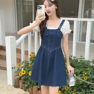 小个子修身牛仔裙高腰显瘦甜美少女气质A字拼接连衣裙夏天学生裙T