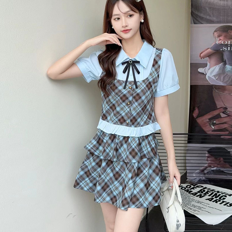 小个子休闲衬衫高腰上衣修身A字半身裙夏T蛋糕短裙学生JK制服套装