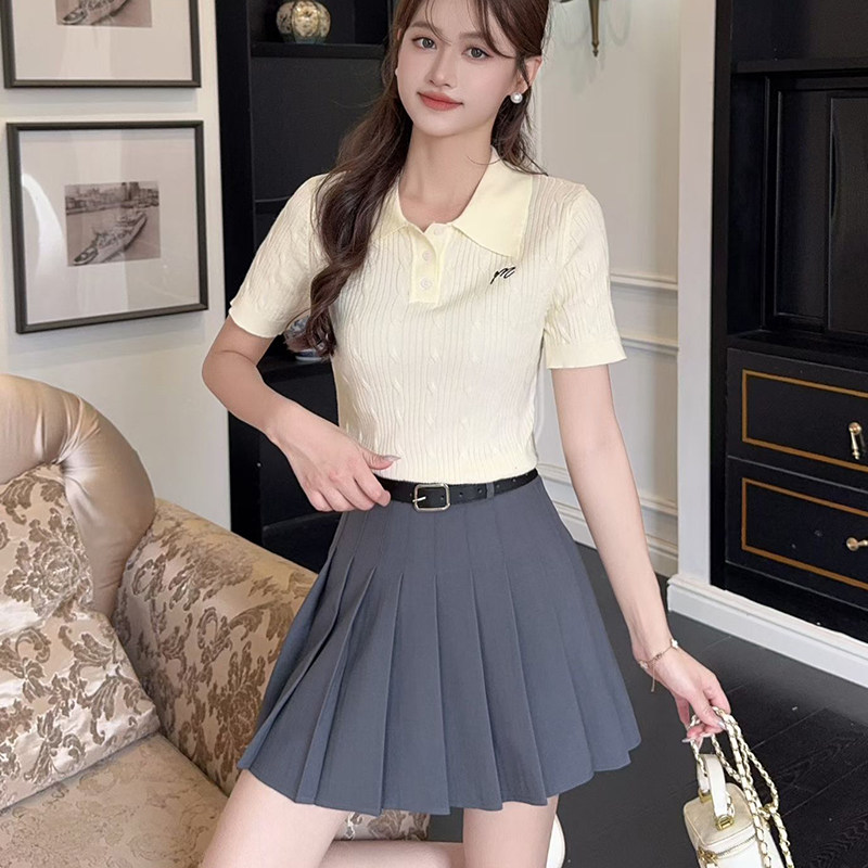 小个子高腰百褶短裙A辣妹修身半身裙夏显瘦T恤衫上衣女学院风套装